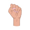 Female fist raised up. Girl`s hand in fist gesture isolated on white background. Hand-drawn illustration.